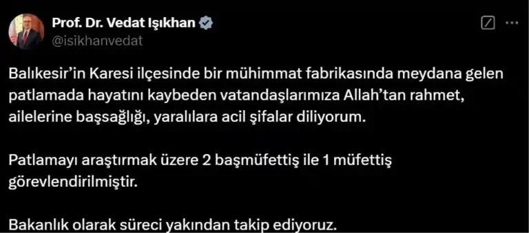 Balıkesir Fabrikası Patlamasında Ölümler: Bakan Işıkhan'dan Açıklama